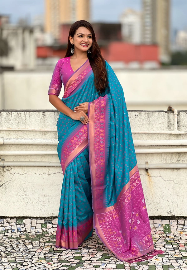Premium Patola Silk Saree with Meenakari Ikkat Weaves & Bandhani Pallu - FREE, SKY