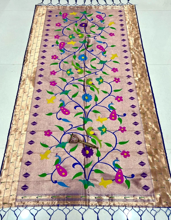 Premium Rose Gold Paithani Silk Dupatta with All-Over Meenakari Peacock Pallu & Zari Border - 2.5mt, ROSE GOLD