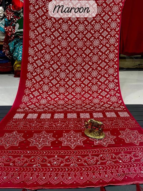 Premium Satin Silk Ajrakh Print Saree with Real Mirror Handwork Pallu - Free, Maroon