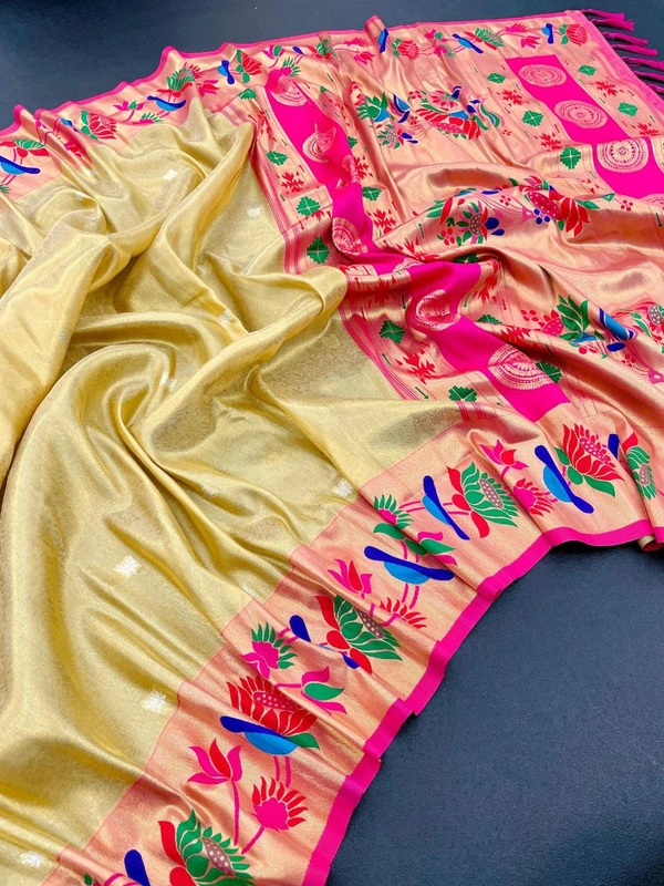 PAITHANI_HOUSE360 "Premium Soft Banarasi Tissue Silk Lotus Paithani Saree with Rich Pallu & Border" - Light Gold