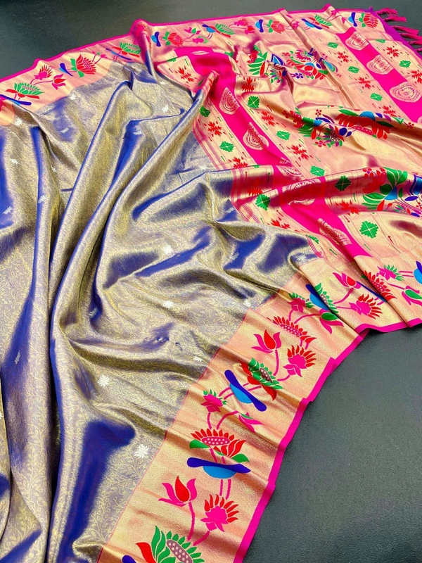 PAITHANI_HOUSE361 "Premium Soft Banarasi Tissue Silk Lotus Paithani Saree with Rich Pallu & Border" - Bluish-purple