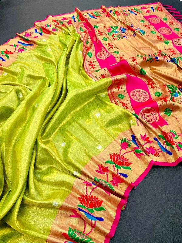 PAITHANI_HOUSE362 "Premium Soft Banarasi Tissue Silk Lotus Paithani Saree with Rich Pallu & Border" - Light green