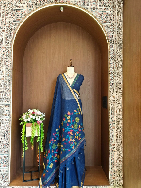 Premium Soft Linen Silk Saree with Rich Meena Weaving Jamdani Pallu & Sequence Work
