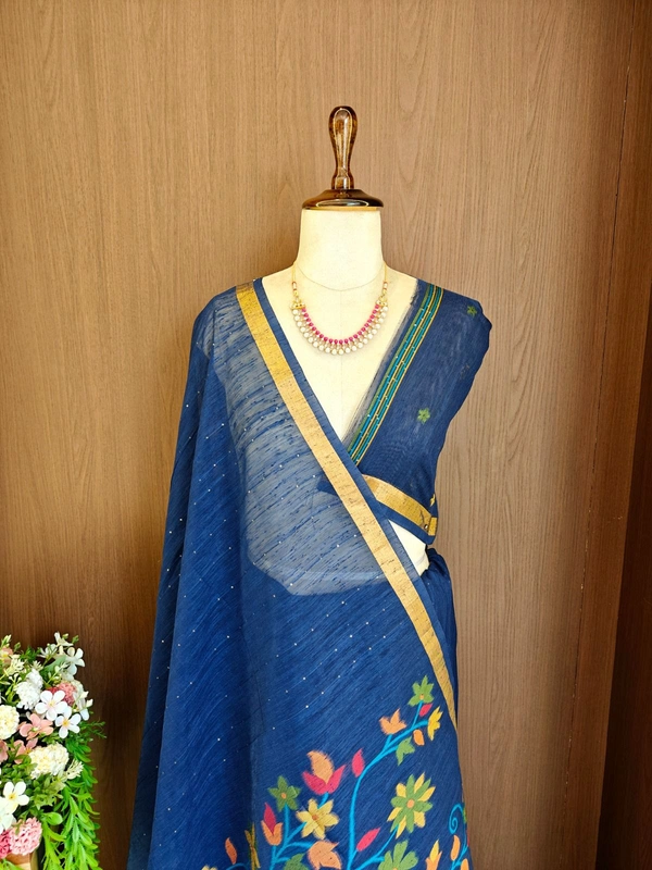 Premium Soft Linen Silk Saree with Rich Meena Weaving Jamdani Pallu & Sequence Work - FREE, Navy Blue