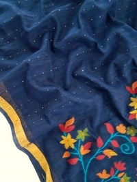 Premium Soft Linen Silk Saree with Rich Meena Weaving Jamdani Pallu & Sequence Work - FREE, Navy Blue