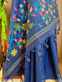 Premium Soft Linen Silk Saree with Rich Meena Weaving Jamdani Pallu & Sequence Work - FREE, Navy Blue