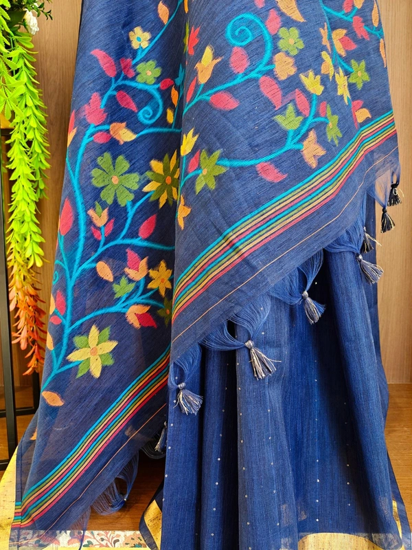 Premium Soft Linen Silk Saree with Rich Meena Weaving Jamdani Pallu & Sequence Work - FREE, Navy Blue