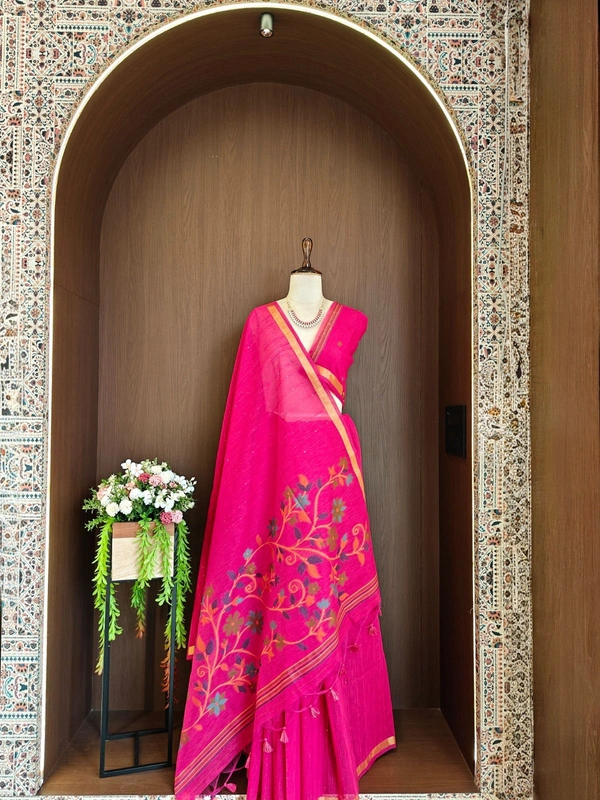 Premium Soft Linen Silk Saree with Rich Meena Weaving Jamdani Pallu & Sequence Work