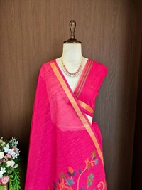 Premium Soft Linen Silk Saree with Rich Meena Weaving Jamdani Pallu & Sequence Work - FREE, Hot Pink
