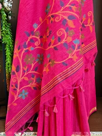 Premium Soft Linen Silk Saree with Rich Meena Weaving Jamdani Pallu & Sequence Work - FREE, Hot Pink