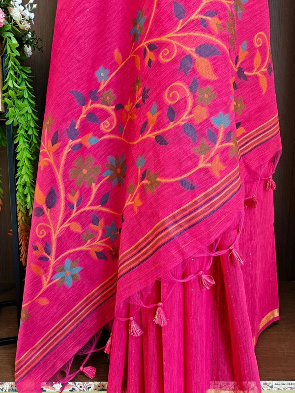 Premium Soft Linen Silk Saree with Rich Meena Weaving Jamdani Pallu & Sequence Work - FREE, Hot Pink