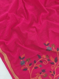 Premium Soft Linen Silk Saree with Rich Meena Weaving Jamdani Pallu & Sequence Work - FREE, Hot Pink