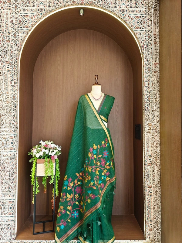 Premium Soft Linen Silk Saree with Rich Meena Weaving Jamdani Pallu & Sequence Work