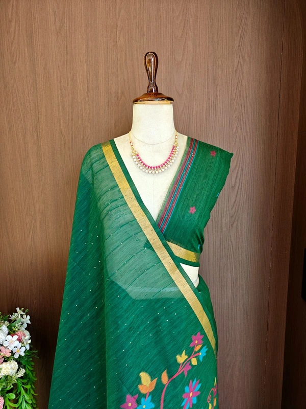 Premium Soft Linen Silk Saree with Rich Meena Weaving Jamdani Pallu & Sequence Work - FREE, Green