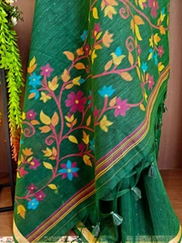 Premium Soft Linen Silk Saree with Rich Meena Weaving Jamdani Pallu & Sequence Work - FREE, Green