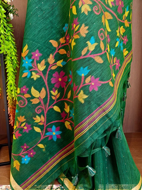 Premium Soft Linen Silk Saree with Rich Meena Weaving Jamdani Pallu & Sequence Work - FREE, Green