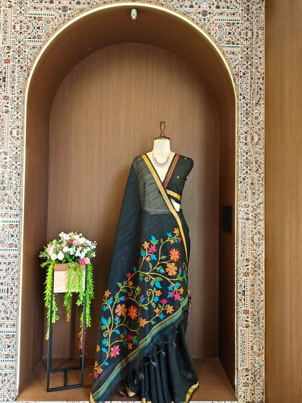 Premium Soft Linen Silk Saree with Rich Meena Weaving Jamdani Pallu & Sequence Work