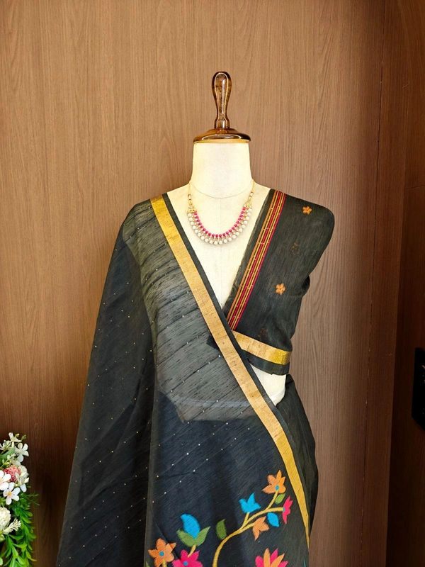 Premium Soft Linen Silk Saree with Rich Meena Weaving Jamdani Pallu & Sequence Work - FREE, Black