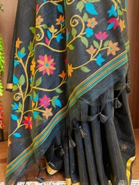 Premium Soft Linen Silk Saree with Rich Meena Weaving Jamdani Pallu & Sequence Work - FREE, Black
