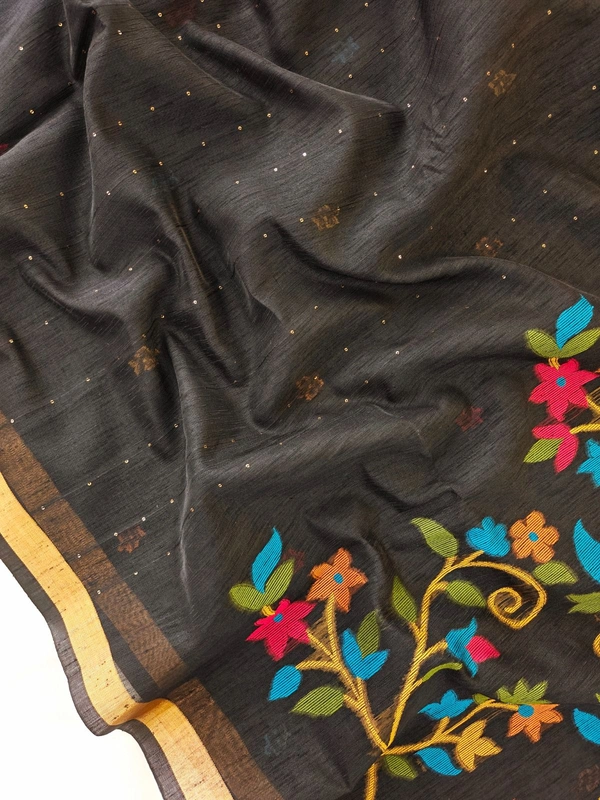 Premium Soft Linen Silk Saree with Rich Meena Weaving Jamdani Pallu & Sequence Work - FREE, Black