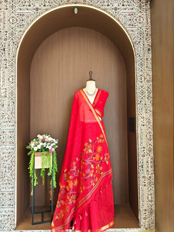 Premium Soft Linen Silk Saree with Rich Meena Weaving Jamdani Pallu & Sequence Work