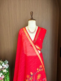 Premium Soft Linen Silk Saree with Rich Meena Weaving Jamdani Pallu & Sequence Work - FREE, Red