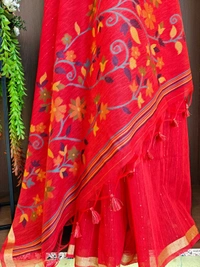 Premium Soft Linen Silk Saree with Rich Meena Weaving Jamdani Pallu & Sequence Work - FREE, Red