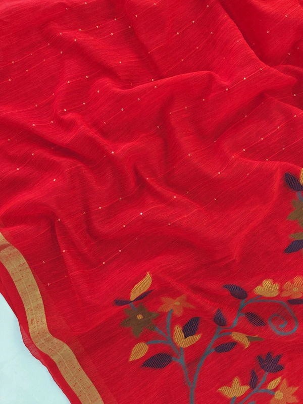 Premium Soft Linen Silk Saree with Rich Meena Weaving Jamdani Pallu & Sequence Work - FREE, Red