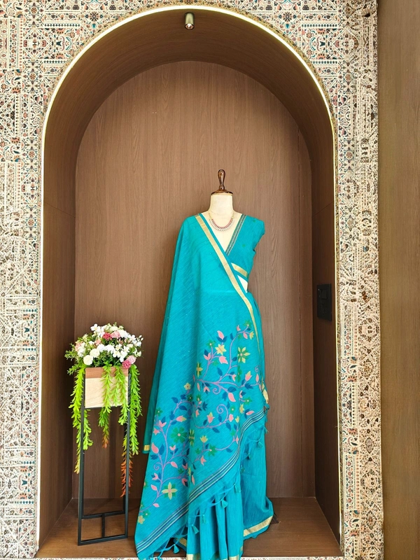 Premium Soft Linen Silk Saree with Rich Meena Weaving Jamdani Pallu & Sequence Work