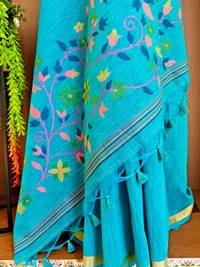 Premium Soft Linen Silk Saree with Rich Meena Weaving Jamdani Pallu & Sequence Work - FREE, Sky Blue
