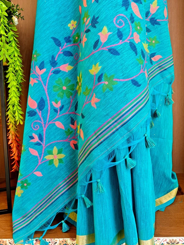 Premium Soft Linen Silk Saree with Rich Meena Weaving Jamdani Pallu & Sequence Work - FREE, Sky Blue