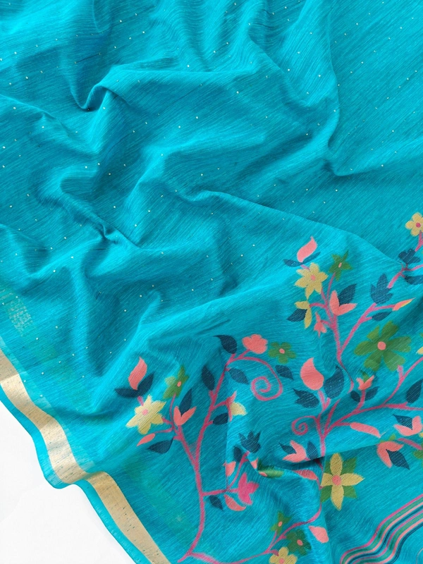 Premium Soft Linen Silk Saree with Rich Meena Weaving Jamdani Pallu & Sequence Work - FREE, Sky Blue
