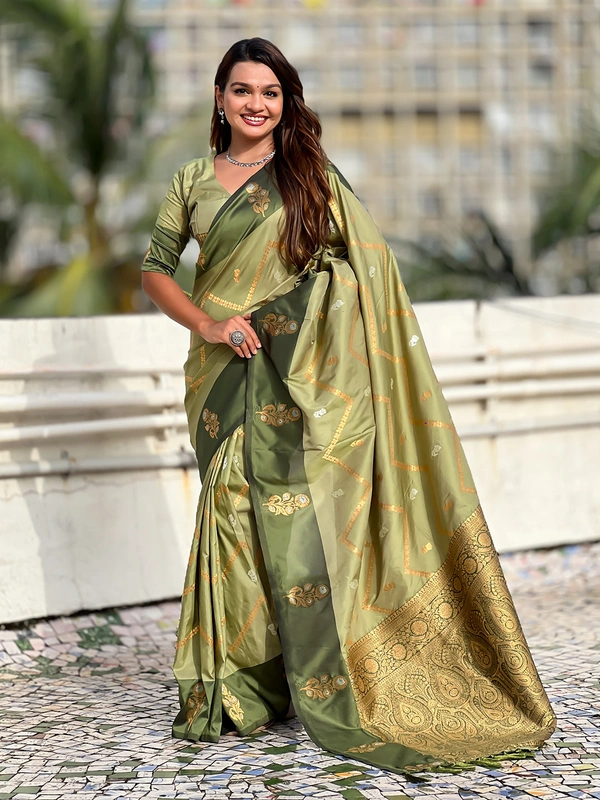 Premium Soft Silk Dusty Saree with Zigzag Motifs & Floral Zari Border
