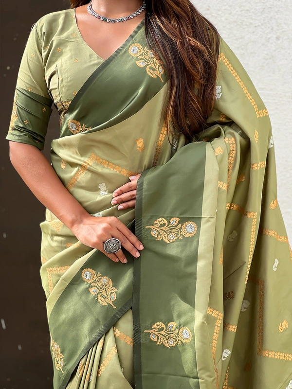 Premium Soft Silk Dusty Saree with Zigzag Motifs & Floral Zari Border - FREE, DIYA-PISTA