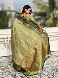 Premium Soft Silk Dusty Saree with Zigzag Motifs & Floral Zari Border - FREE, DIYA-PISTA