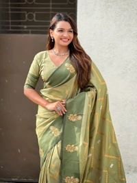 Premium Soft Silk Dusty Saree with Zigzag Motifs & Floral Zari Border - FREE, DIYA-PISTA