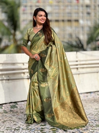 Premium Soft Silk Dusty Saree with Zigzag Motifs & Floral Zari Border - FREE, DIYA-PISTA