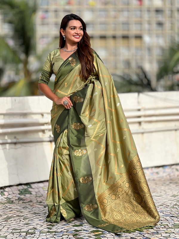 Premium Soft Silk Dusty Saree with Zigzag Motifs & Floral Zari Border - FREE, DIYA-PISTA