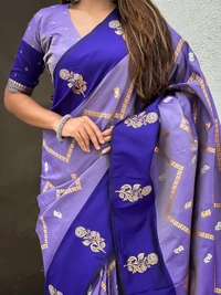 Premium Soft Silk Dusty Saree with Zigzag Motifs & Floral Zari Border - FREE, DIYA-VIOLET