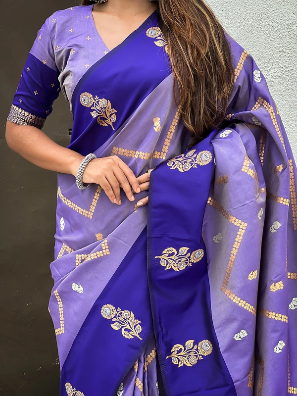 Premium Soft Silk Dusty Saree with Zigzag Motifs & Floral Zari Border - FREE, DIYA-VIOLET