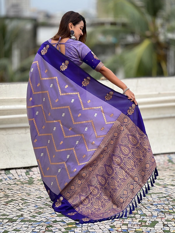 Premium Soft Silk Dusty Saree with Zigzag Motifs & Floral Zari Border - FREE, DIYA-VIOLET