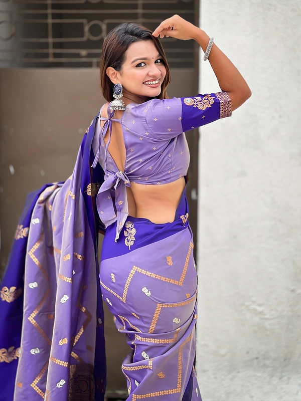 Premium Soft Silk Dusty Saree with Zigzag Motifs & Floral Zari Border - FREE, DIYA-VIOLET