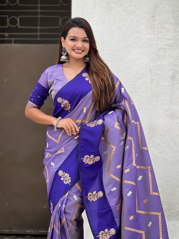 Premium Soft Silk Dusty Saree with Zigzag Motifs & Floral Zari Border - FREE, DIYA-VIOLET