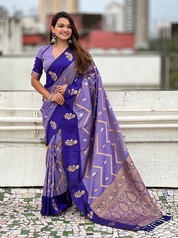 Premium Soft Silk Dusty Saree with Zigzag Motifs & Floral Zari Border - FREE, DIYA-VIOLET