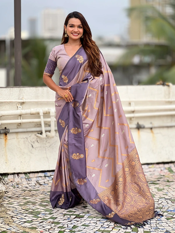 Premium Soft Silk Dusty Saree with Zigzag Motifs & Floral Zari Border