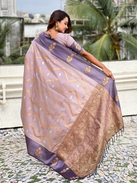 Premium Soft Silk Dusty Saree with Zigzag Motifs & Floral Zari Border - FREE, DIYA-LAVENDER