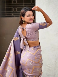 Premium Soft Silk Dusty Saree with Zigzag Motifs & Floral Zari Border - FREE, DIYA-LAVENDER