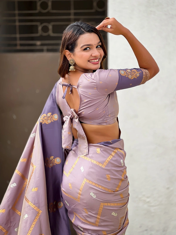 Premium Soft Silk Dusty Saree with Zigzag Motifs & Floral Zari Border - FREE, DIYA-LAVENDER