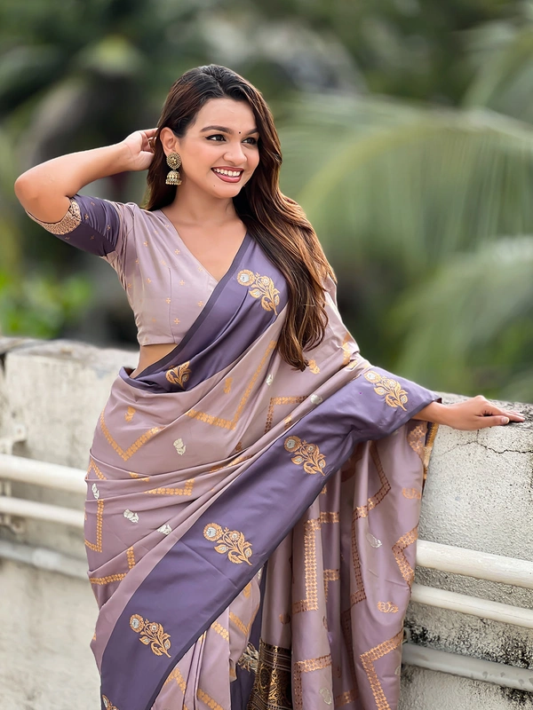 Premium Soft Silk Dusty Saree with Zigzag Motifs & Floral Zari Border - FREE, DIYA-LAVENDER