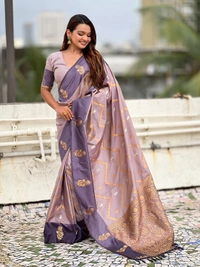 Premium Soft Silk Dusty Saree with Zigzag Motifs & Floral Zari Border - FREE, DIYA-LAVENDER
